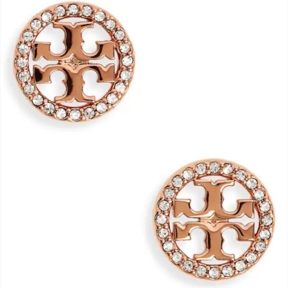 Tory Burch Jewelry - Tory Burch Crystal Logo Circle Stud Earrings *Rose gold